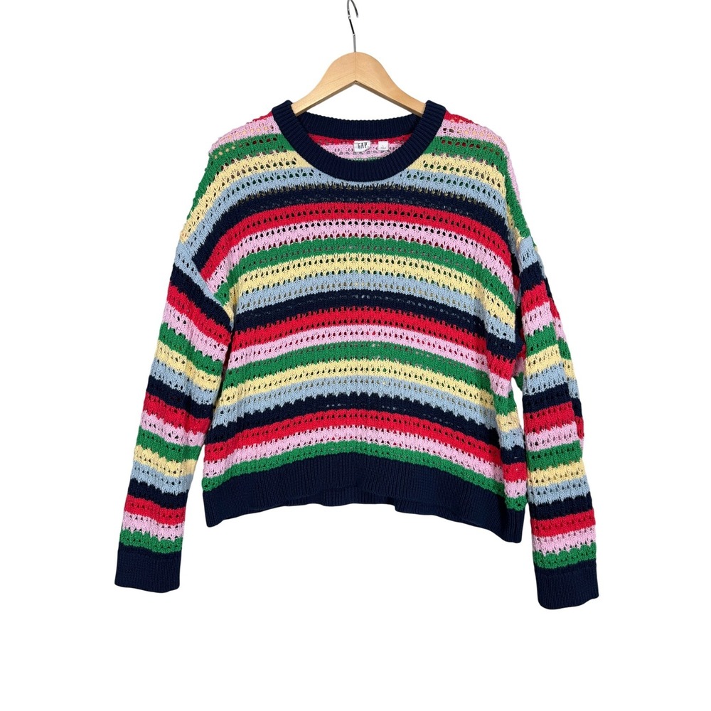 GAP Crochet Knit Striped Sweater Womens Large Multicolor Oversized Cotton